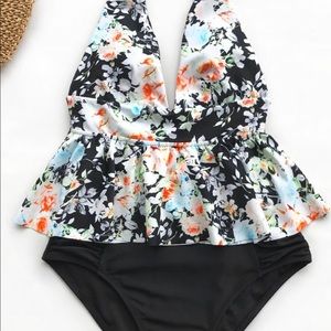 Floral halter top bikini, high waisted bottoms